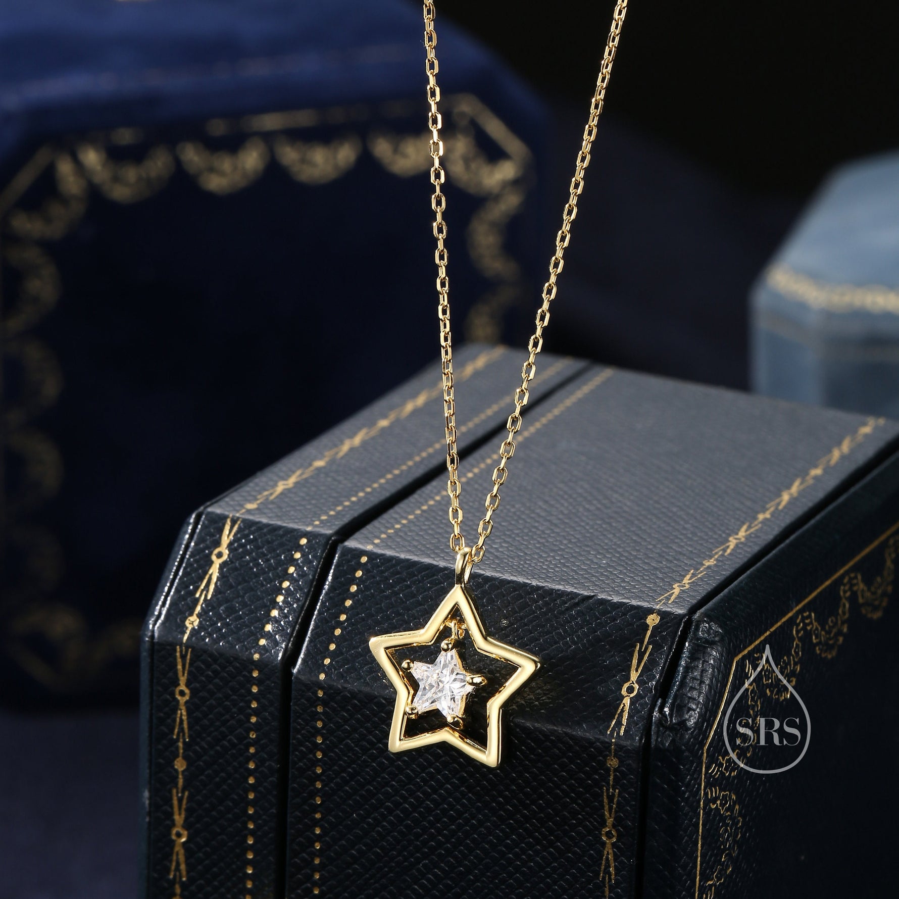CZ Star Pendant Necklace in Sterling Silver, Silver or Gold, Open Star Halo Necklace