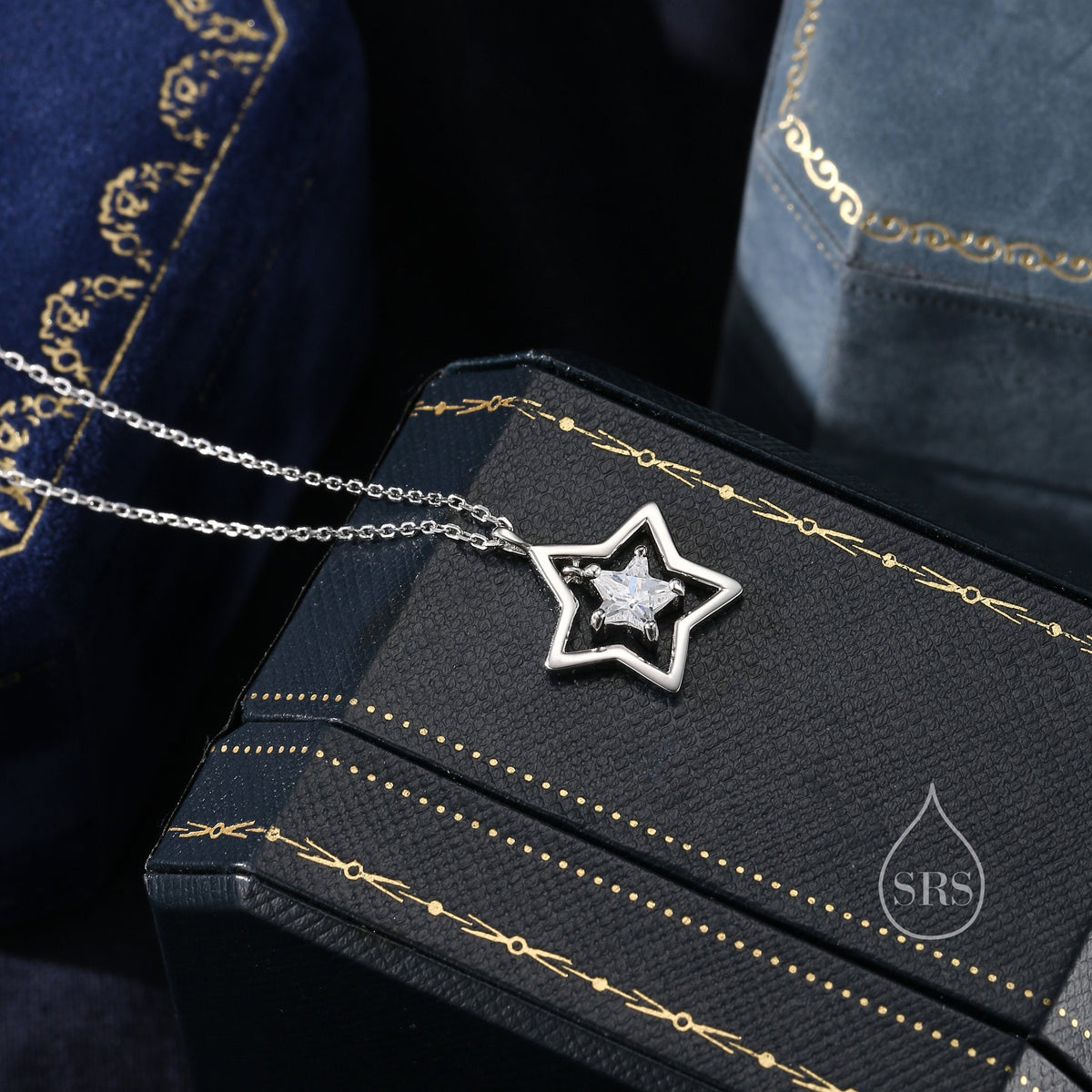 CZ Star Pendant Necklace in Sterling Silver, Silver or Gold, Open Star Halo Necklace