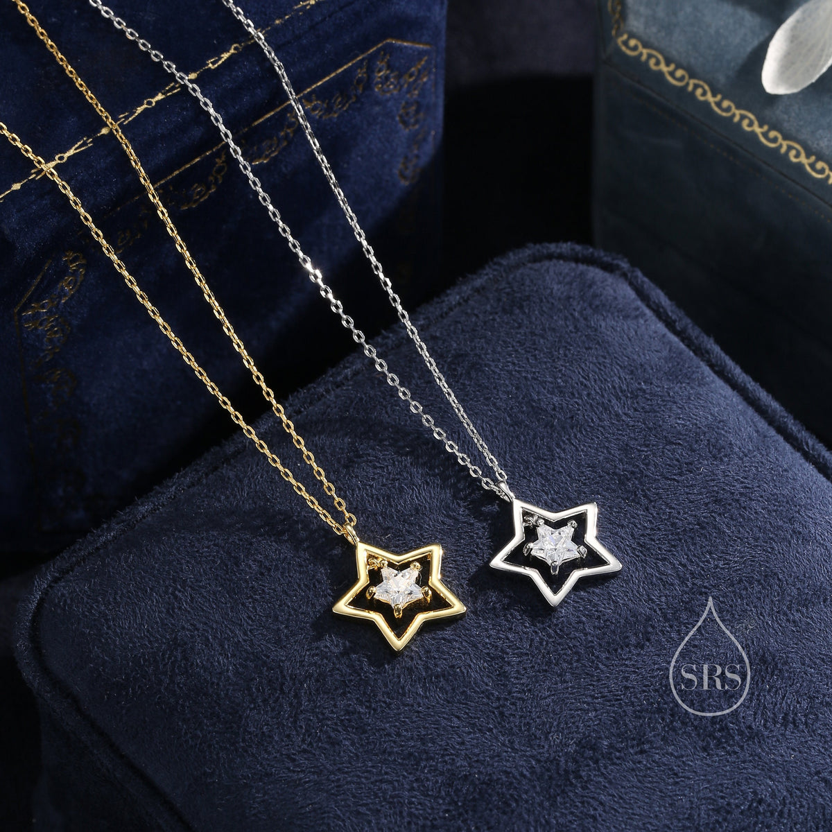 CZ Star Pendant Necklace in Sterling Silver, Silver or Gold, Open Star Halo Necklace