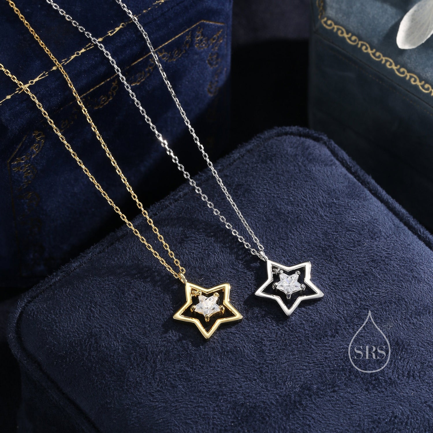 CZ Star Pendant Necklace in Sterling Silver, Silver or Gold, Open Star Halo Necklace