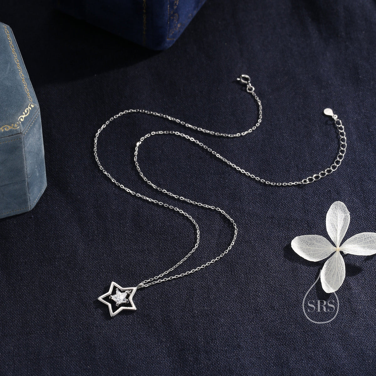 CZ Star Pendant Necklace in Sterling Silver, Silver or Gold, Open Star Halo Necklace