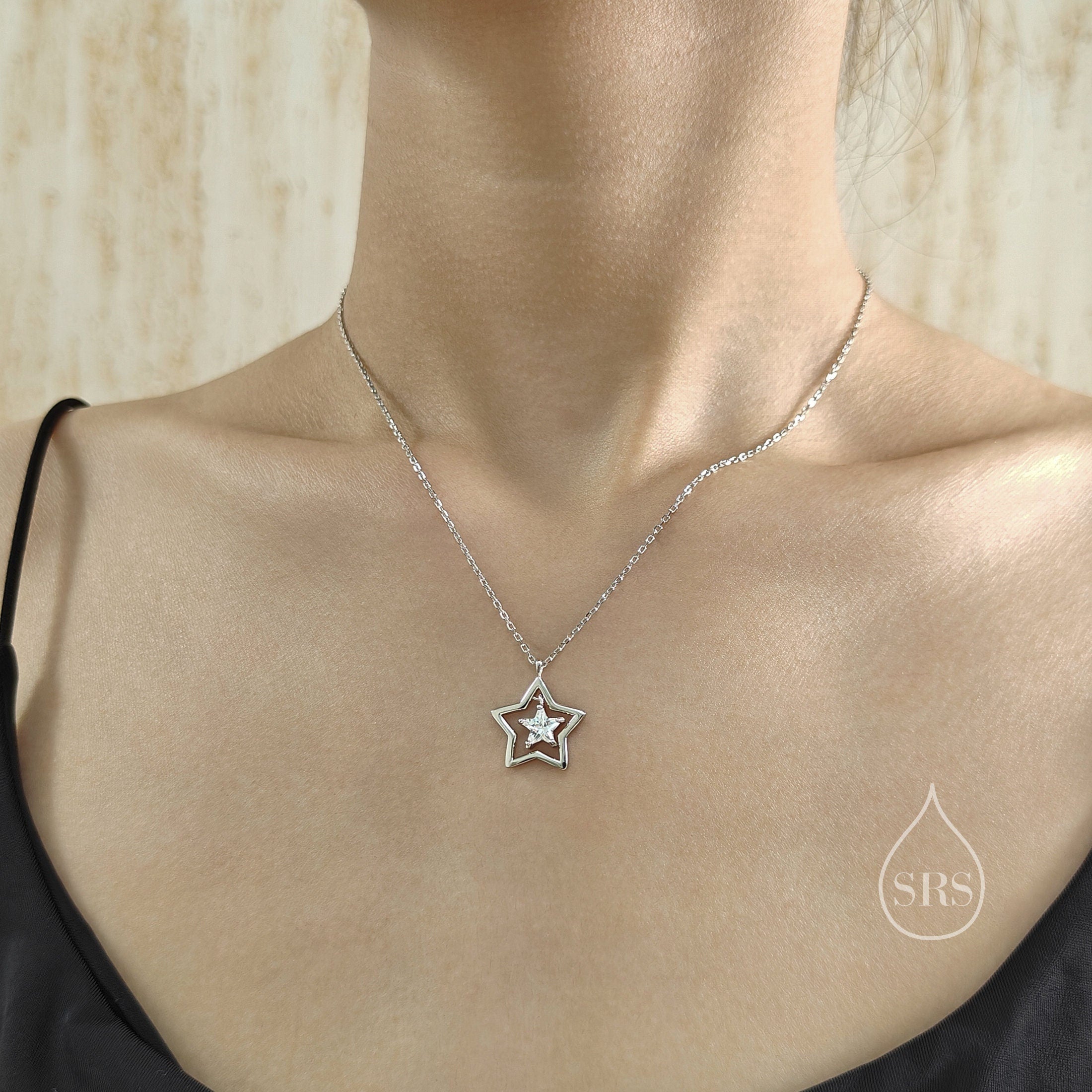 CZ Star Pendant Necklace in Sterling Silver Silver or Gold Open Star Silver Rain Silver