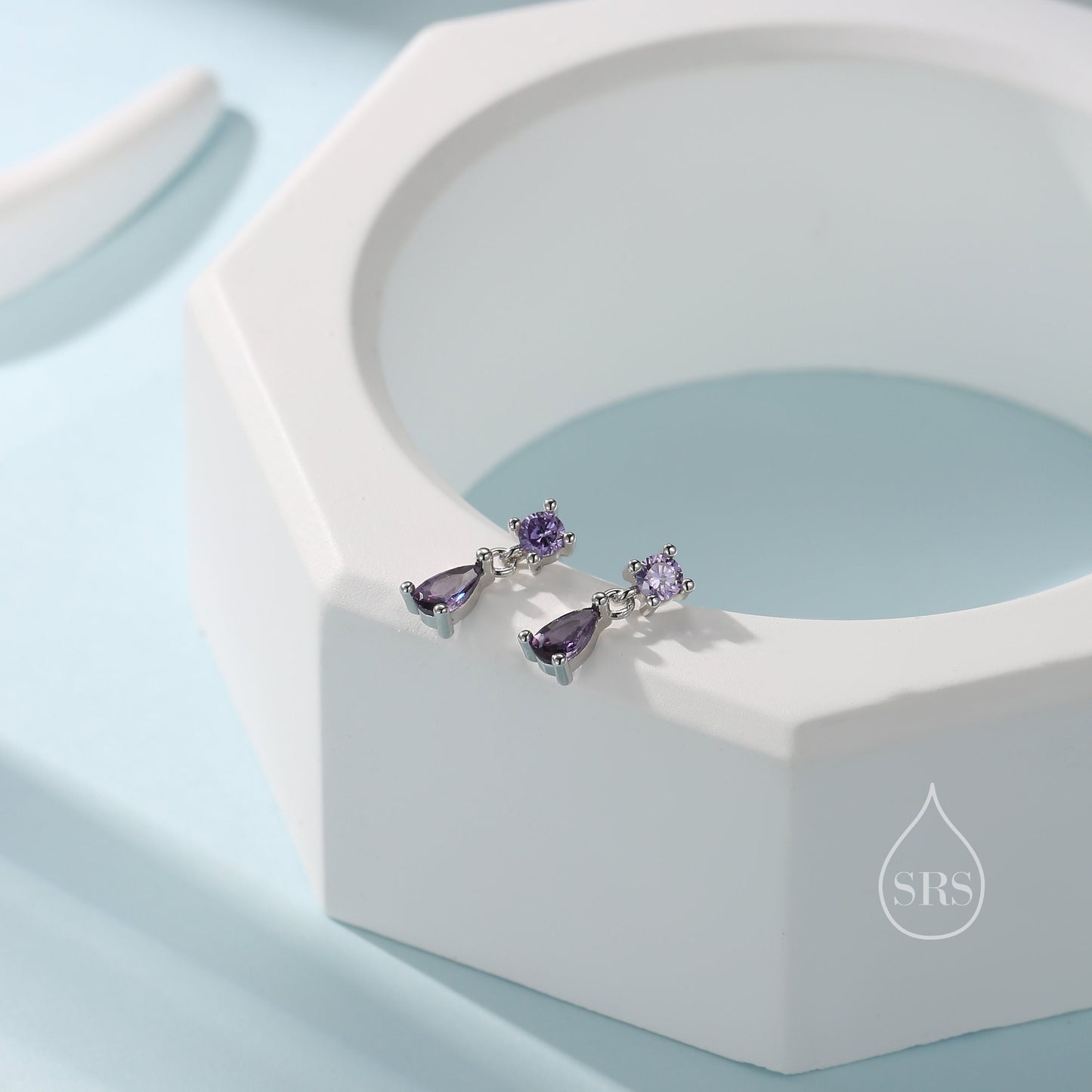 Tiny Amethyst Purple Double CZ Stud Earrings in Sterling Silver with Round and Droplet CZ, Silver or Gold, Two CZ Prong Set Earrings