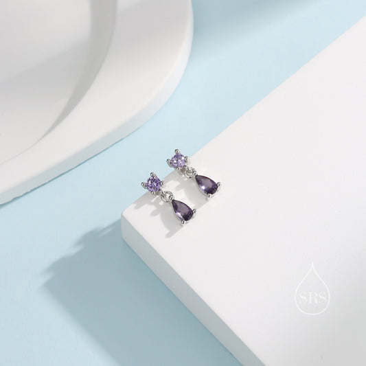 Tiny Amethyst Purple Double CZ Stud Earrings in Sterling Silver with Round and Droplet CZ, Silver or Gold, Two CZ Prong Set Earrings