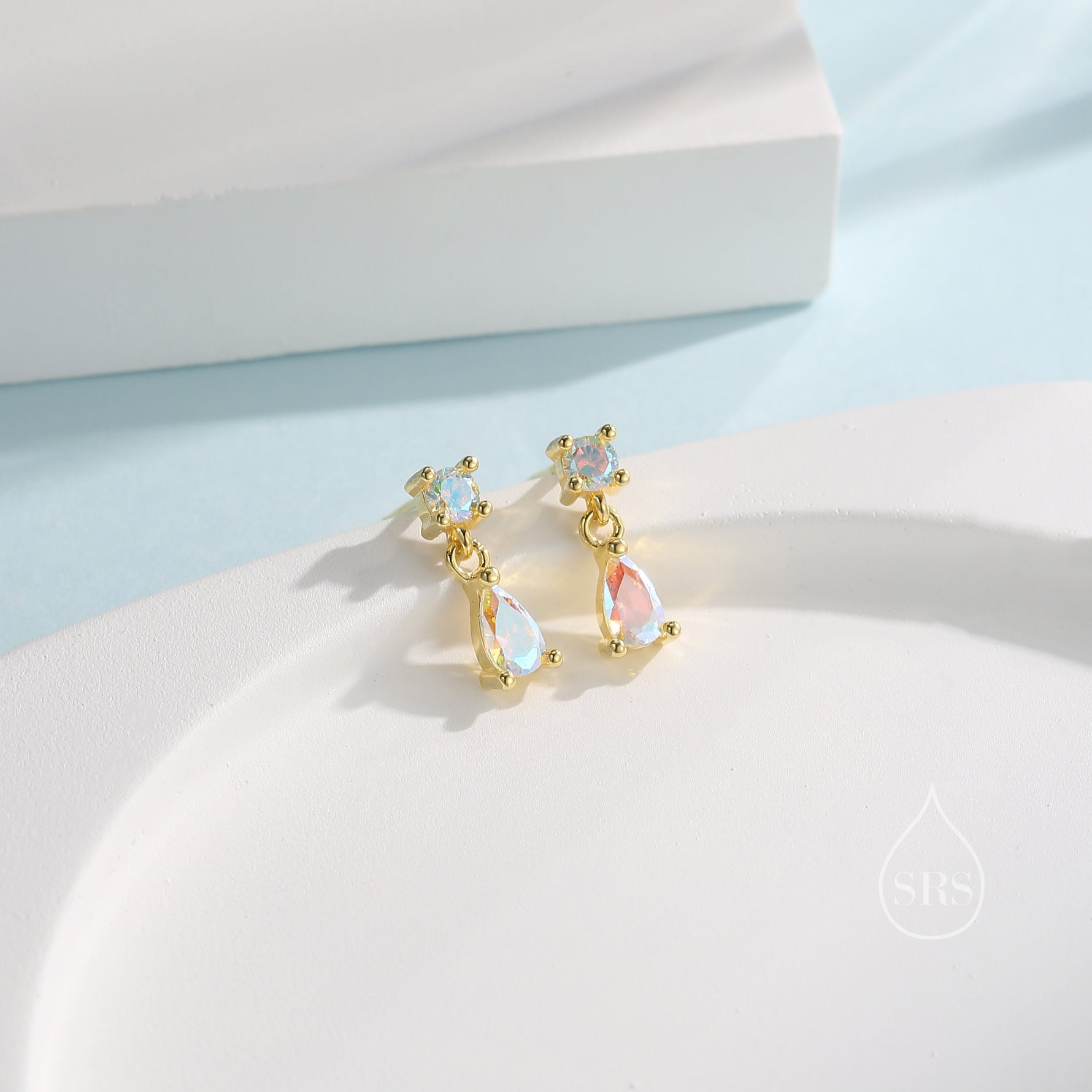 Tiny Aurora CZ Dangle Stud Earrings in Sterling Silver with Round and Droplet CZ, Silver or Gold, Two CZ Prong Set Earrings, Colour Changing