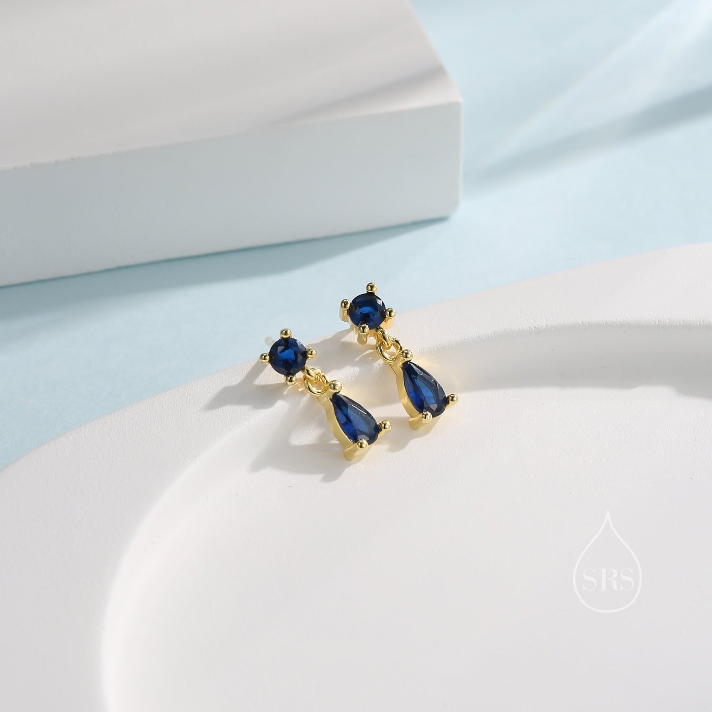 Tiny Sapphire Blue Double CZ Stud Earrings in Sterling Silver with Round and Droplet CZ, Silver or Gold, Two CZ Prong Set Earrings