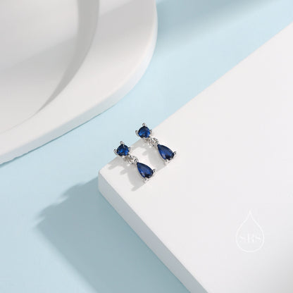 Tiny Sapphire Blue Double CZ Stud Earrings in Sterling Silver with Round and Droplet CZ, Silver or Gold, Two CZ Prong Set Earrings