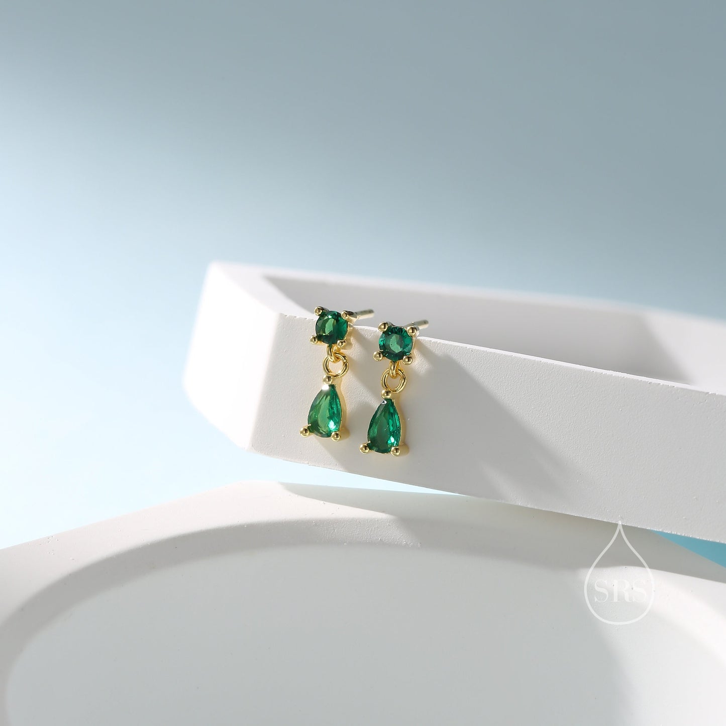 Tiny Emerald Green Double CZ Stud Earrings in Sterling Silver with Round and Droplet CZ, Silver or Gold, Two CZ Prong Set Earrings