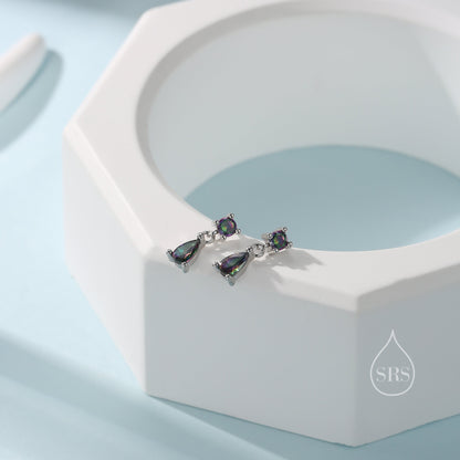 Tiny Double Mystic Black CZ Stud Earrings in Sterling Silver with Round and Droplet CZ, Silver or Gold, Two Mystic Topaz CZ Prong Earrings