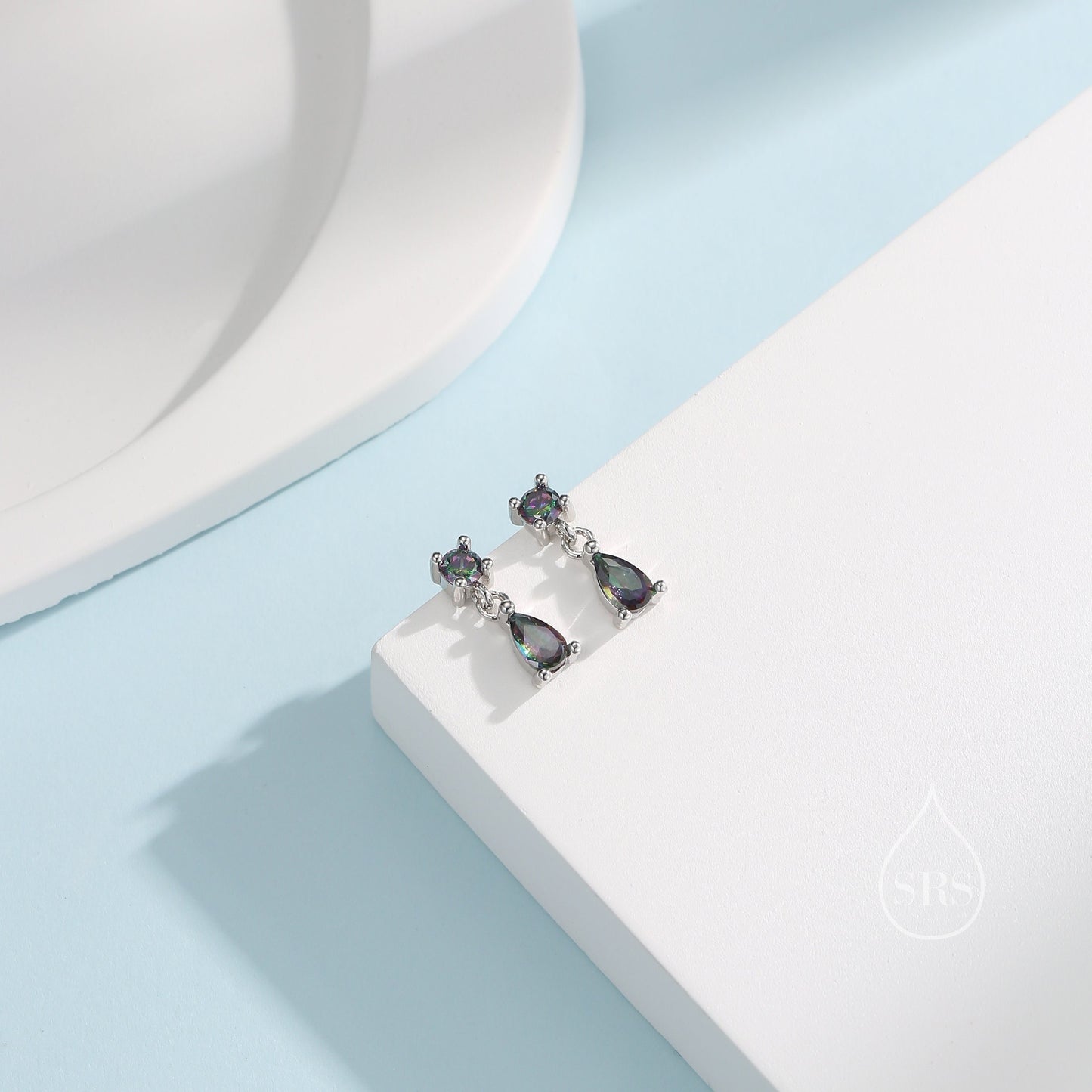 Tiny Double Mystic Black CZ Stud Earrings in Sterling Silver with Round and Droplet CZ, Silver or Gold, Two Mystic Topaz CZ Prong Earrings