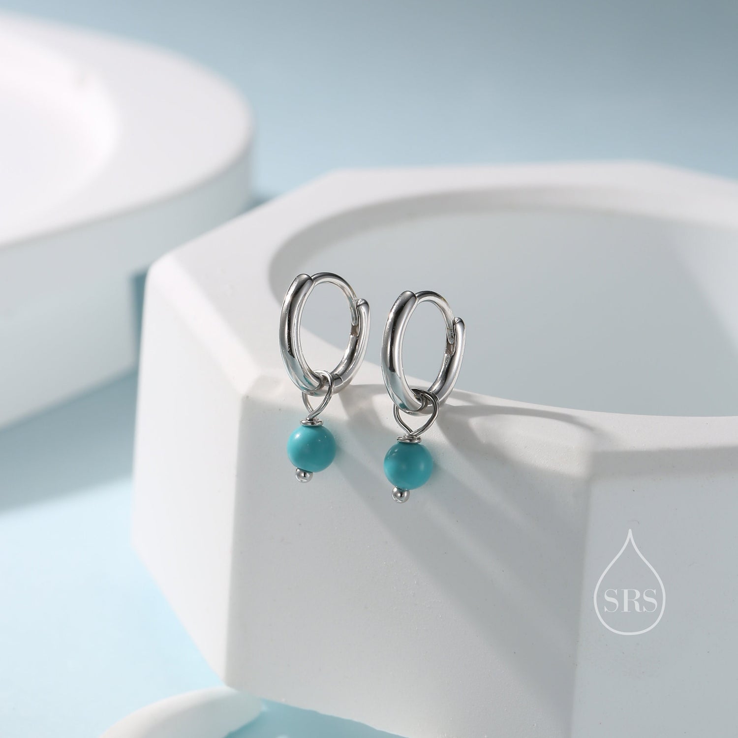 Sterling Silver Blue Turquoise Bead Huggie Hoop Earrings, Silver or Gold, Minimalist Turquoise Dangle Hoop Earrings, Turquoise Hoop Earrings