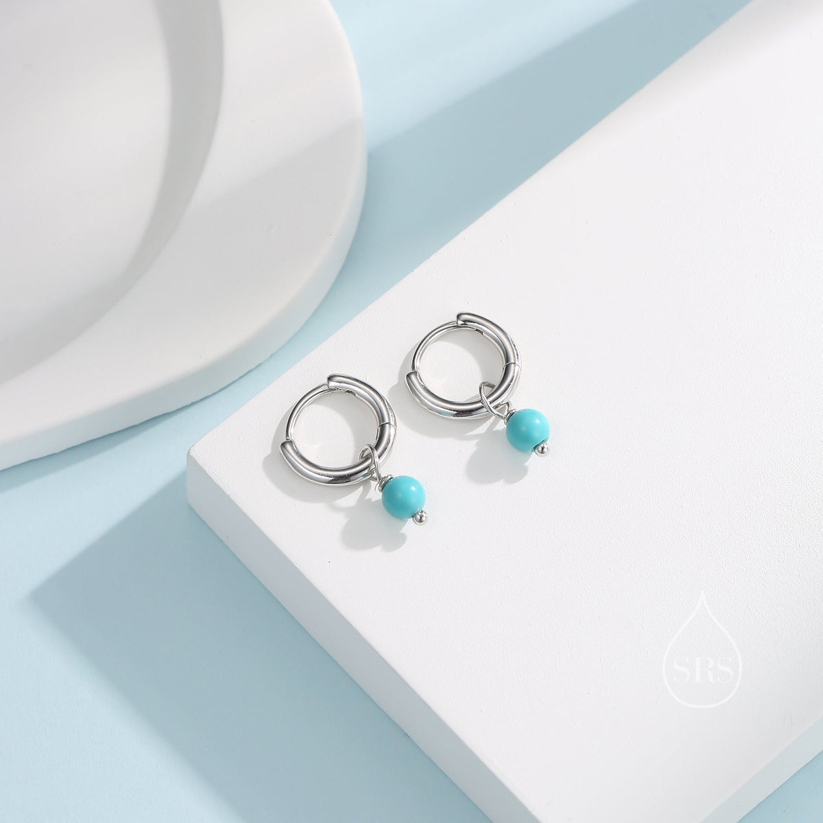 Sterling Silver Blue Turquoise Bead Huggie Hoop Earrings, Silver or Gold, Minimalist Turquoise Dangle Hoop Earrings, Turquoise Hoop Earrings