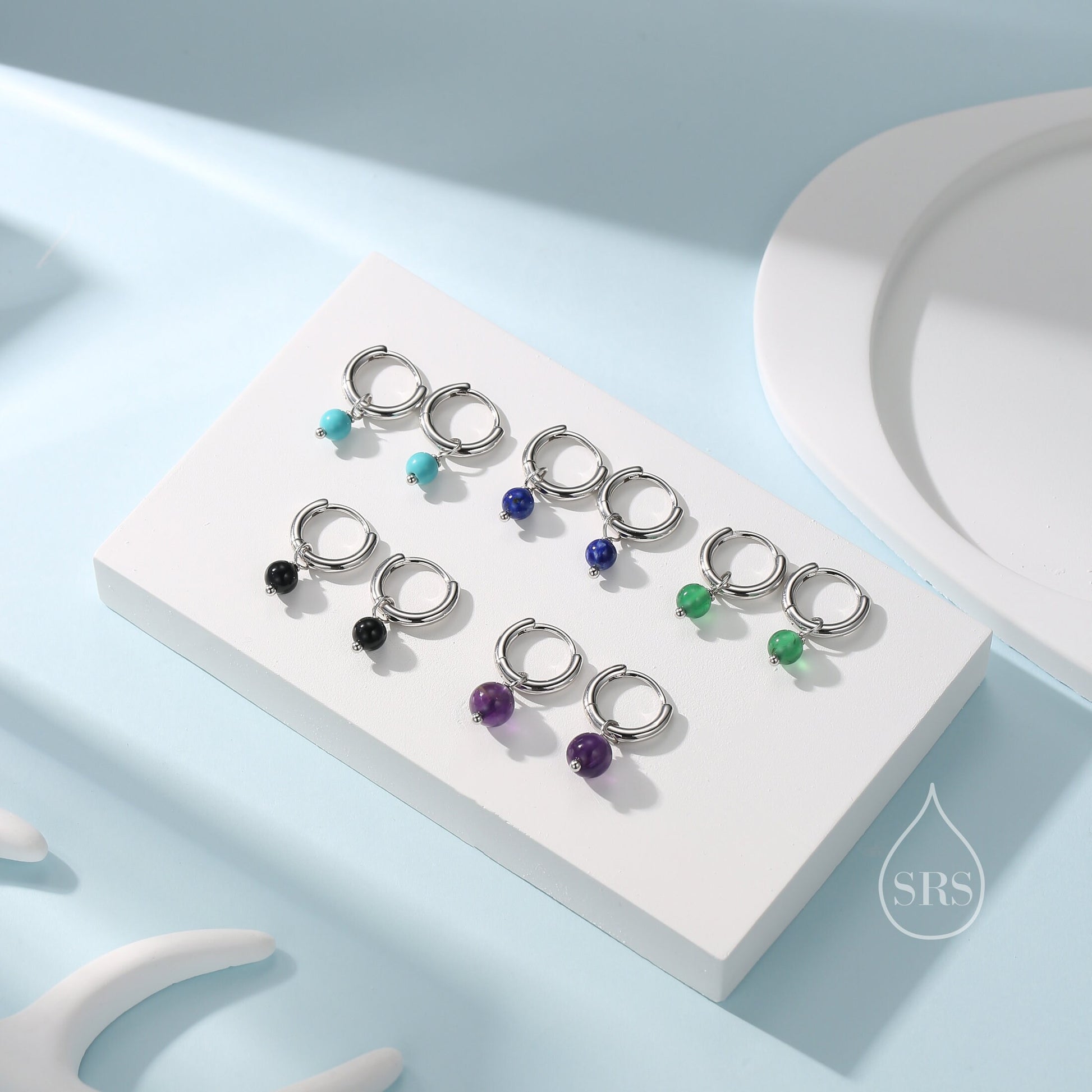 Sterling Silver Genuine Lapis Lazuli Bead Huggie Hoop Earrings, Minimalist Lapis Lazuli Stone Dangle Hoop Earrings, Lapis Hoop Earrings