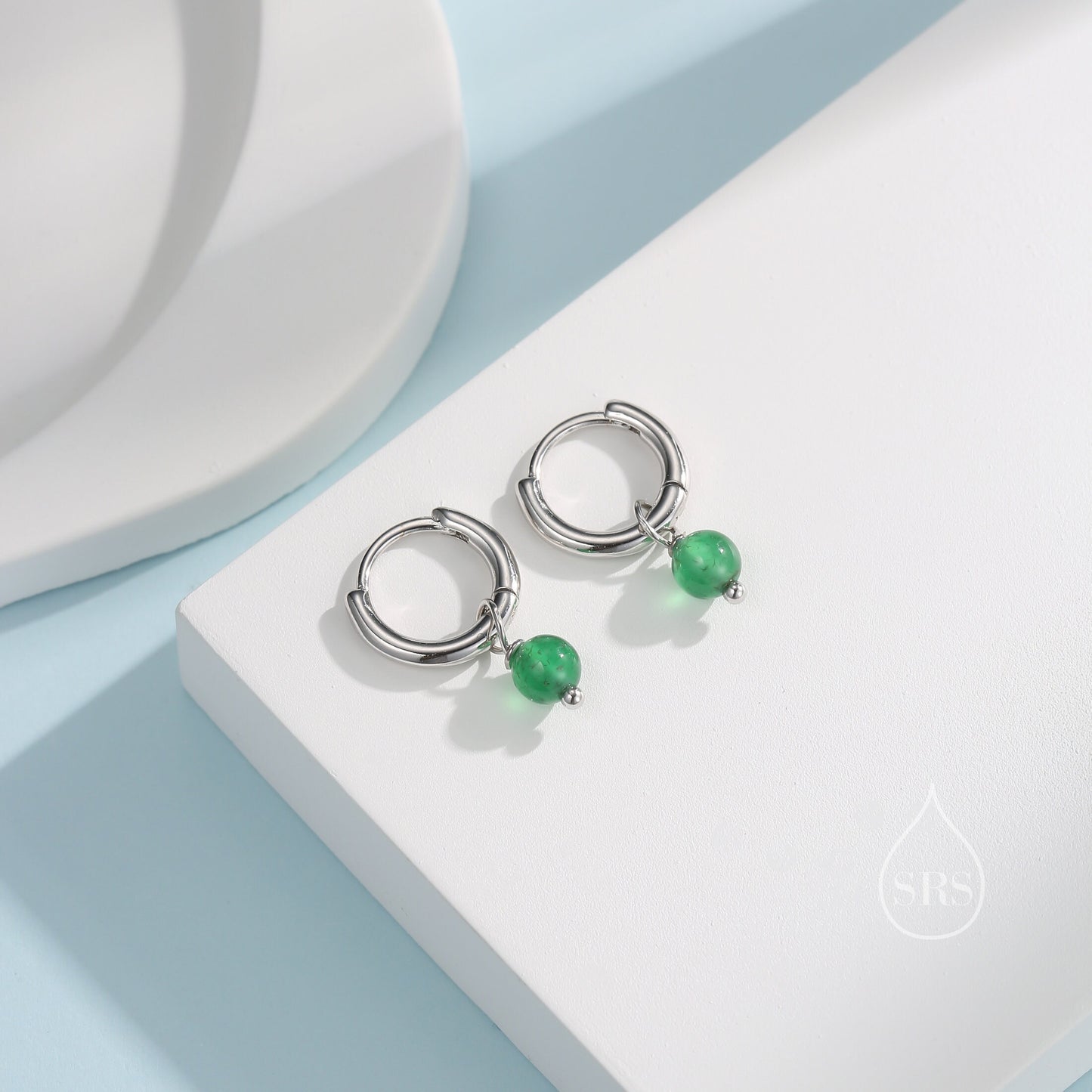 Sterling Silver Natural Green Onyx Bead Huggie Hoop Earrings,  Minimalist Green Onyx Dangle Hoop Earrings, Green Chalcedony Hoop Earrings