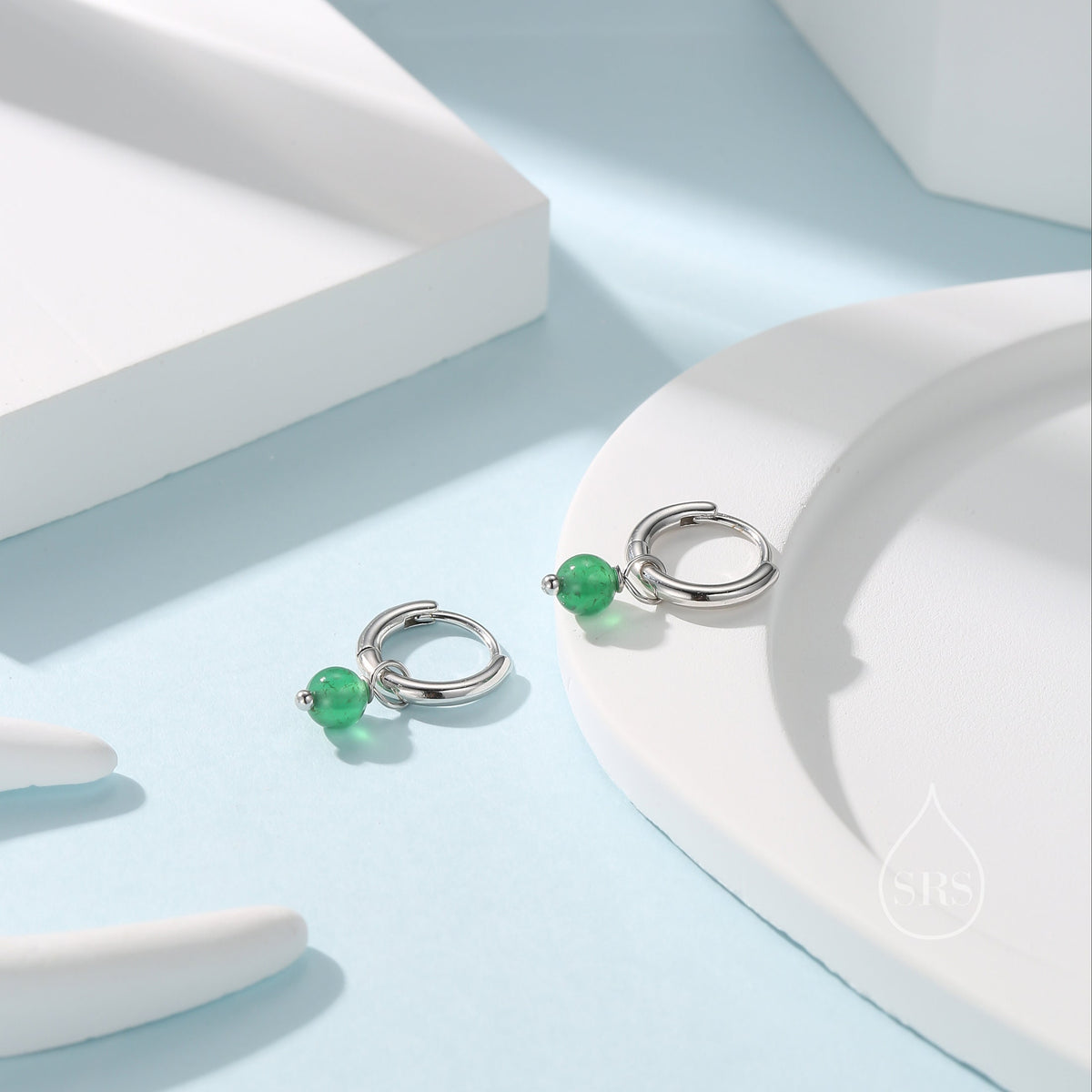 Sterling Silver Natural Green Onyx Bead Huggie Hoop Earrings, Minimalist Green Onyx Dangle Hoop Earrings, Green Chalcedony Hoop Earrings