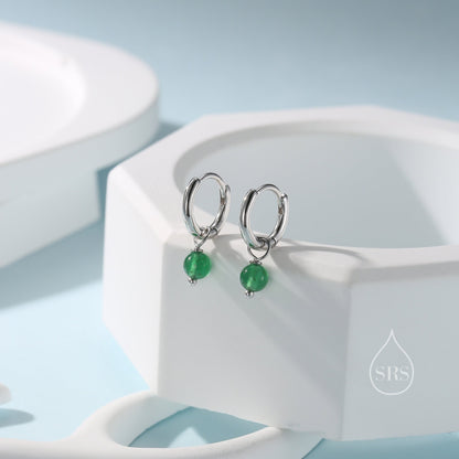 Sterling Silver Natural Green Onyx Bead Huggie Hoop Earrings,  Minimalist Green Onyx Dangle Hoop Earrings, Green Chalcedony Hoop Earrings