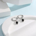 Sterling Silver Natural Black Onyx Bead Huggie Hoop Earrings, Minimalist Black Onyx Dangle Hoop Earrings, Black Agate Hoop Earrings