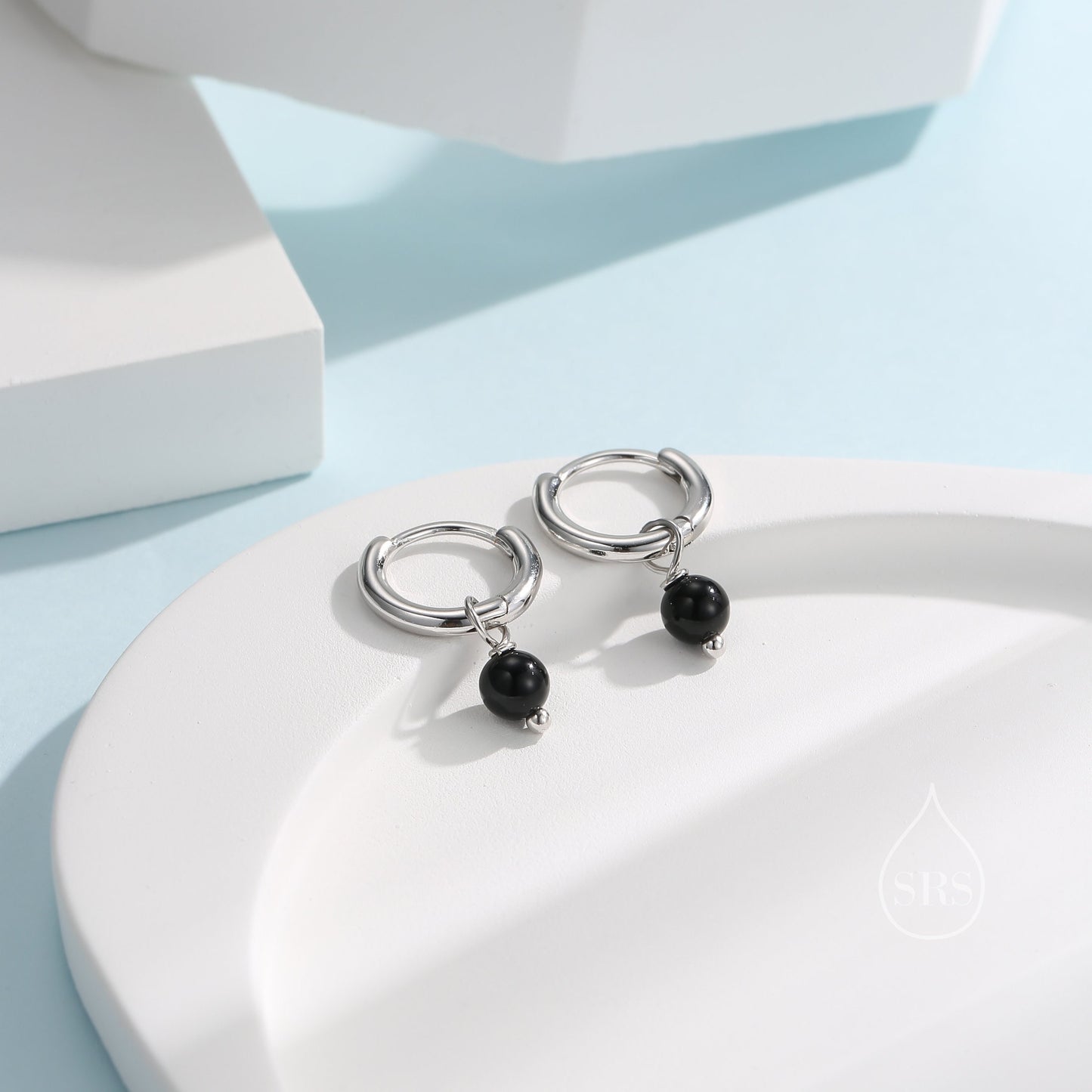 Sterling Silver Natural Black Onyx Bead Huggie Hoop Earrings,  Minimalist Black Onyx Dangle Hoop Earrings, Black Agate Hoop Earrings