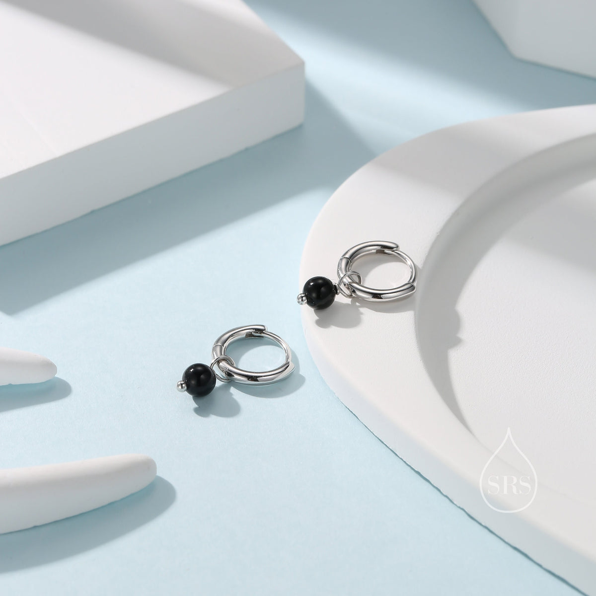 Sterling Silver Natural Black Onyx Bead Huggie Hoop Earrings, Minimalist Black Onyx Dangle Hoop Earrings, Black Agate Hoop Earrings