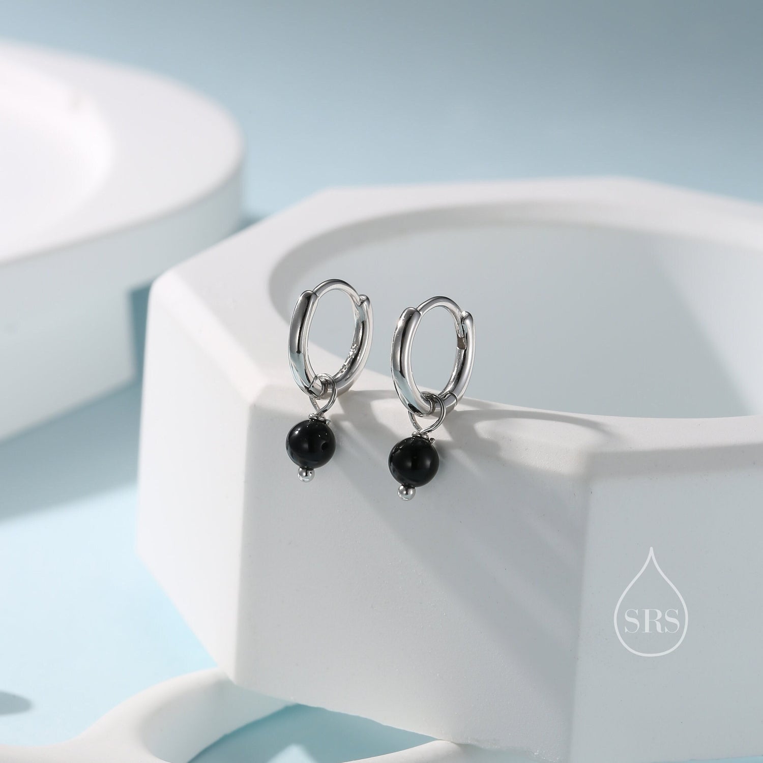 Sterling Silver Natural Black Onyx Bead Huggie Hoop Earrings, Minimalist Black Onyx Dangle Hoop Earrings, Black Agate Hoop Earrings