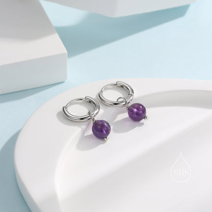 Sterling Silver Natural Amethyst Bead Huggie Hoop Earrings,  Minimalist Purple Amethyst Dangle Hoop Earrings, Amethyst Hoop Earrings