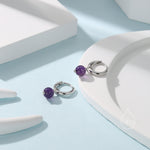 Sterling Silver Natural Amethyst Bead Huggie Hoop Earrings, Minimalist Purple Amethyst Dangle Hoop Earrings, Amethyst Hoop Earrings