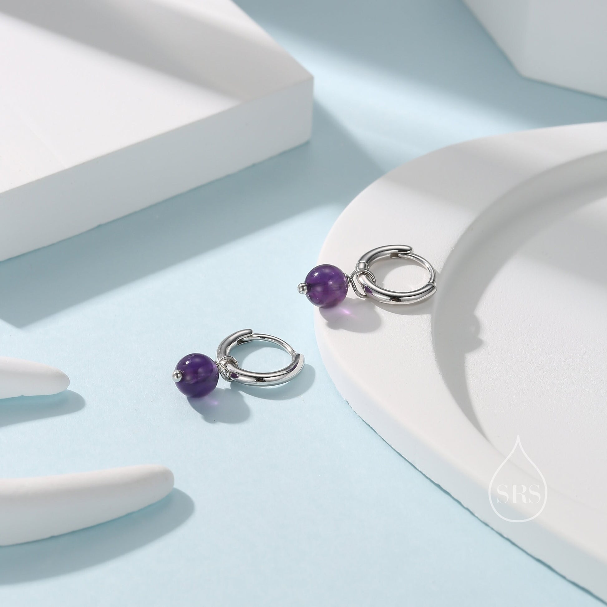 Sterling Silver Natural Amethyst Bead Huggie Hoop Earrings, Minimalist Purple Amethyst Dangle Hoop Earrings, Amethyst Hoop Earrings