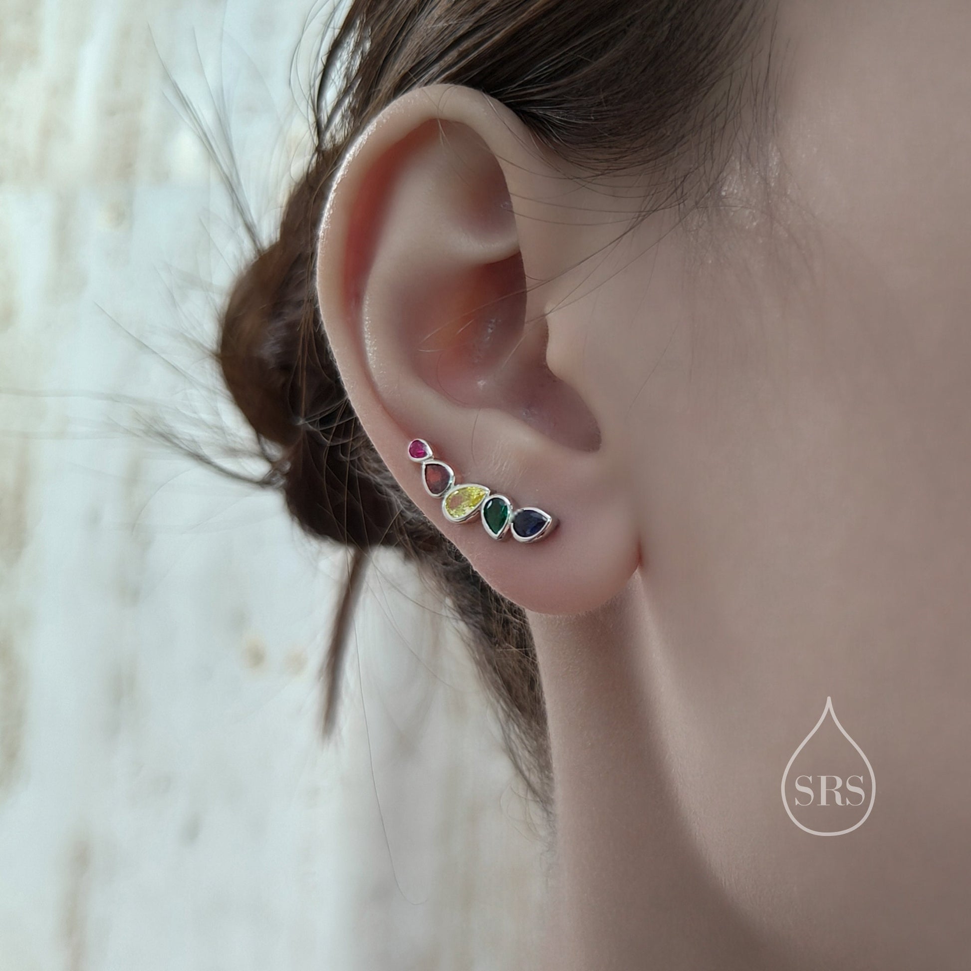 Rainbow Droplet CZ Cluster Crawler Earrings in Sterling Silver, Silver or Gold, Pear CZ Cluster Crawler, Cluster Earrings