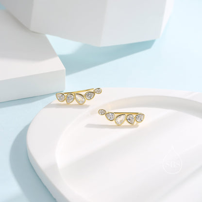 Clear CZ Droplet Cluster Crawler Earrings in Sterling Silver, Silver or Gold, Pear CZ Cluster Crawler, Cluster Earrings