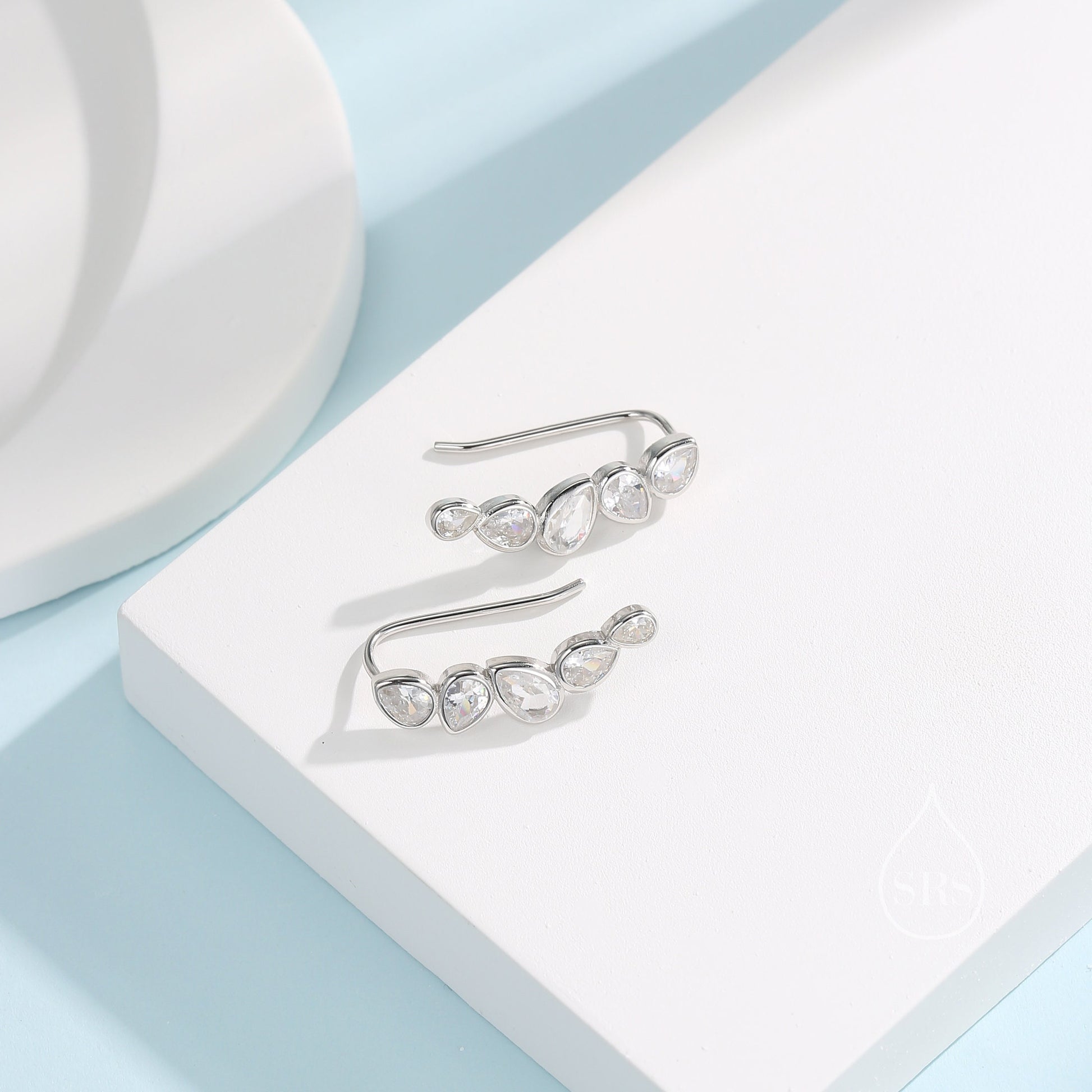Clear CZ Droplet Cluster Crawler Earrings in Sterling Silver, Silver or Gold, Pear CZ Cluster Crawler, Cluster Earrings
