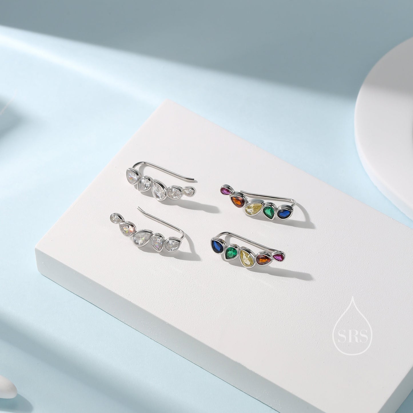 Clear CZ Droplet Cluster Crawler Earrings in Sterling Silver, Silver or Gold, Pear CZ Cluster Crawler, Cluster Earrings