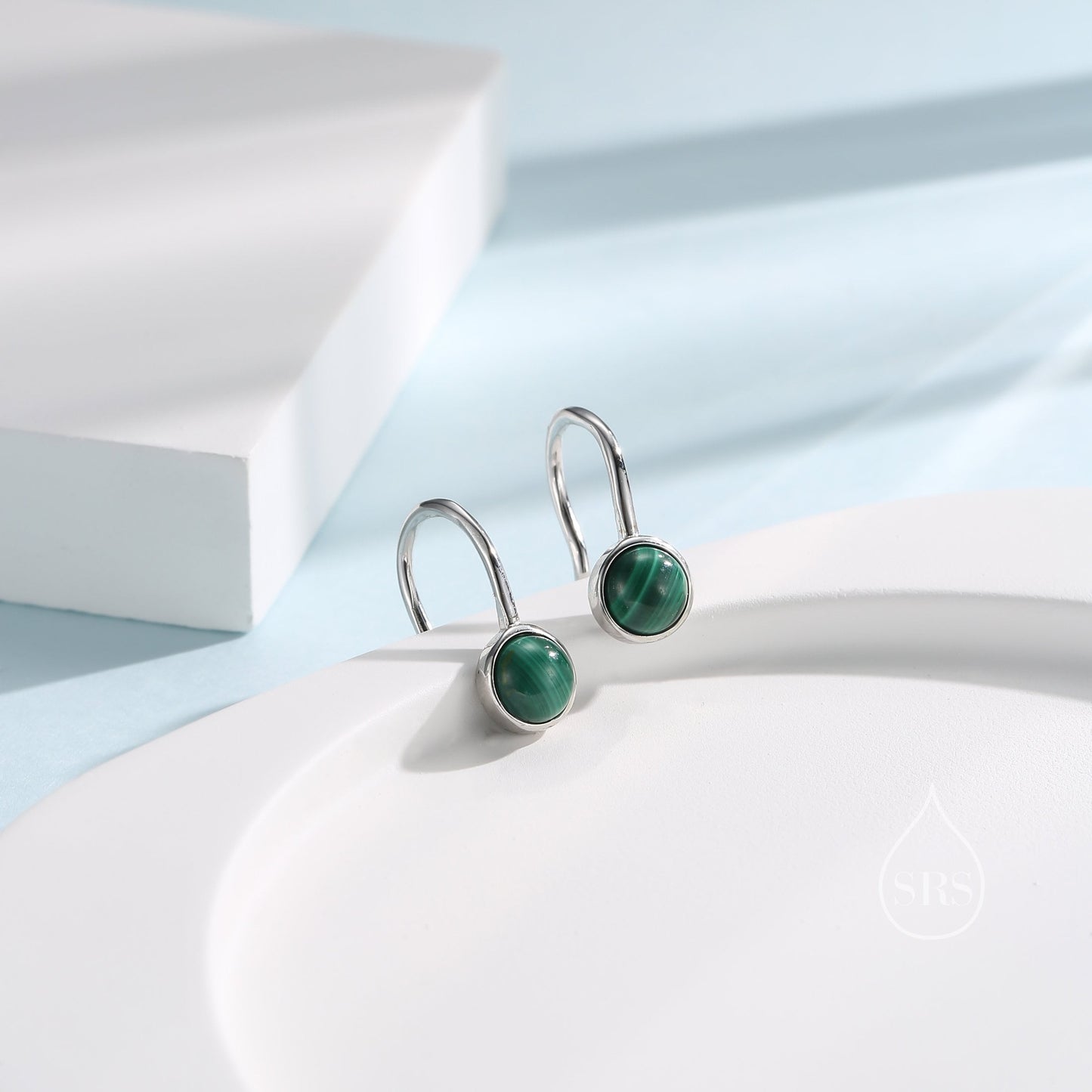 Genuine Malachite Drop Earrings in Sterling Silver, Natural Malachite Round Hook Earrings, Delicate Green Malachite Earrings