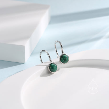 Genuine Malachite Drop Earrings in Sterling Silver, Natural Malachite Round Hook Earrings, Delicate Green Malachite Earrings