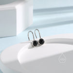 Genuine Black Onyx Drop Earrings in Sterling Silver, Natural Black Onyx Round Hook Earrings, Delicate Black Agate Earrings