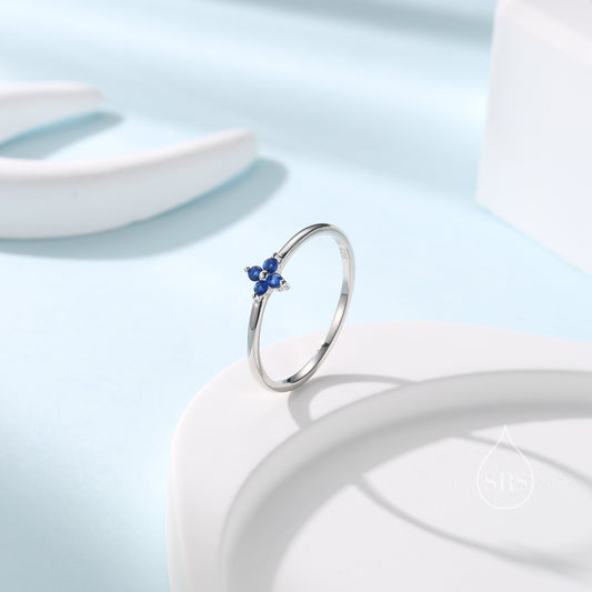 Sapphire Blue CZ Hydrangea Flower Minimalist Ring in Sterling Silver, Four Crystal Flower Ring, Tiny CZ Ring, US Size 5-8