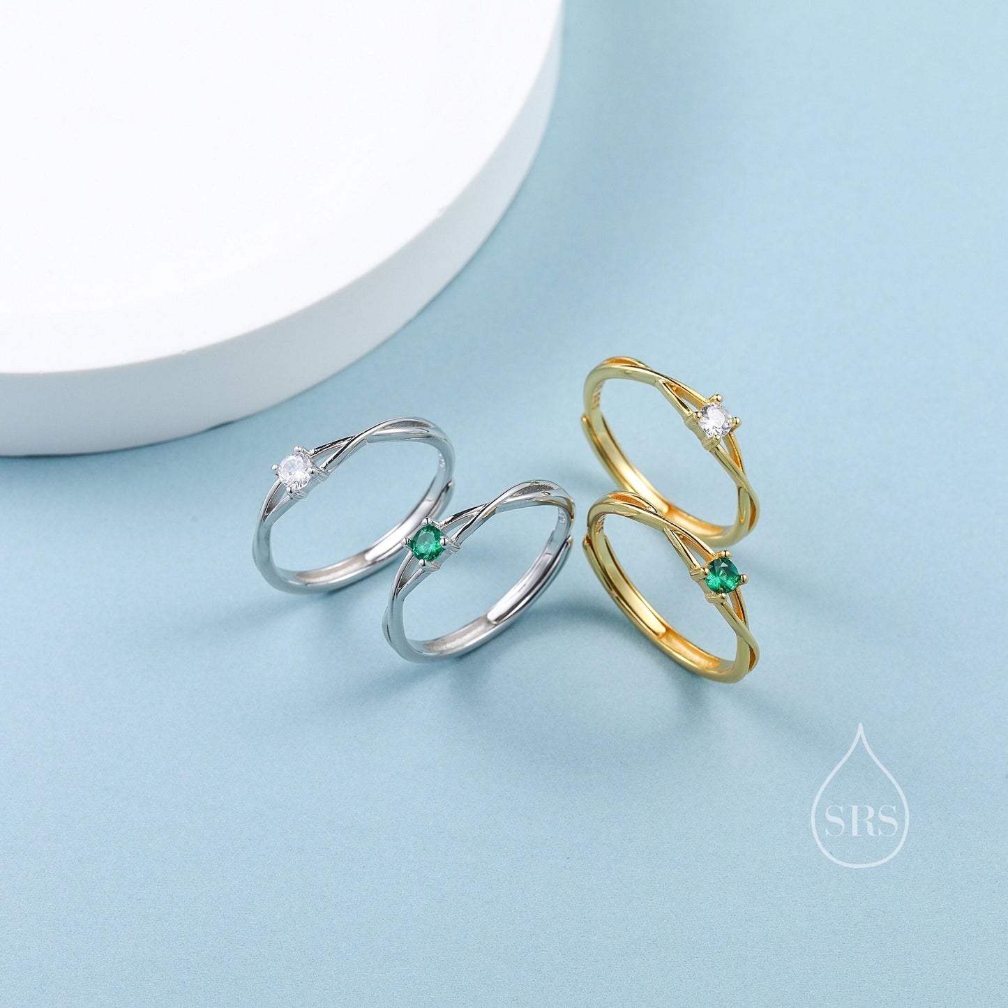 CZ Twist Ring in Sterling Silver, Adjustable Size, Silver or Gold, Emerald Green Ring, Minimalist Ring, Geometric Ring, Solid Silver Ring