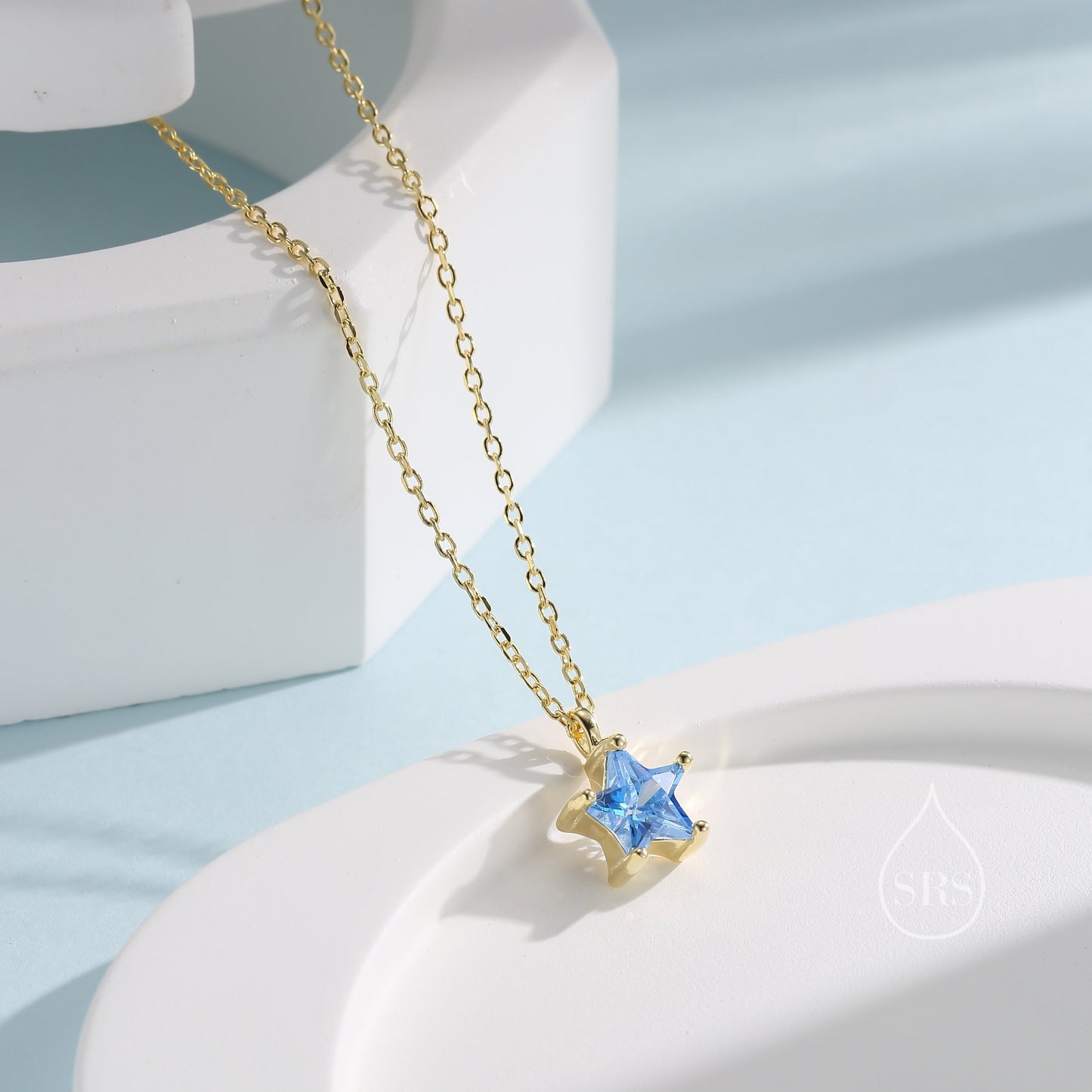 Sterling Silver Aqua Blue CZ Star Pendant Necklace, Silver or Gold, Blue Star Necklace