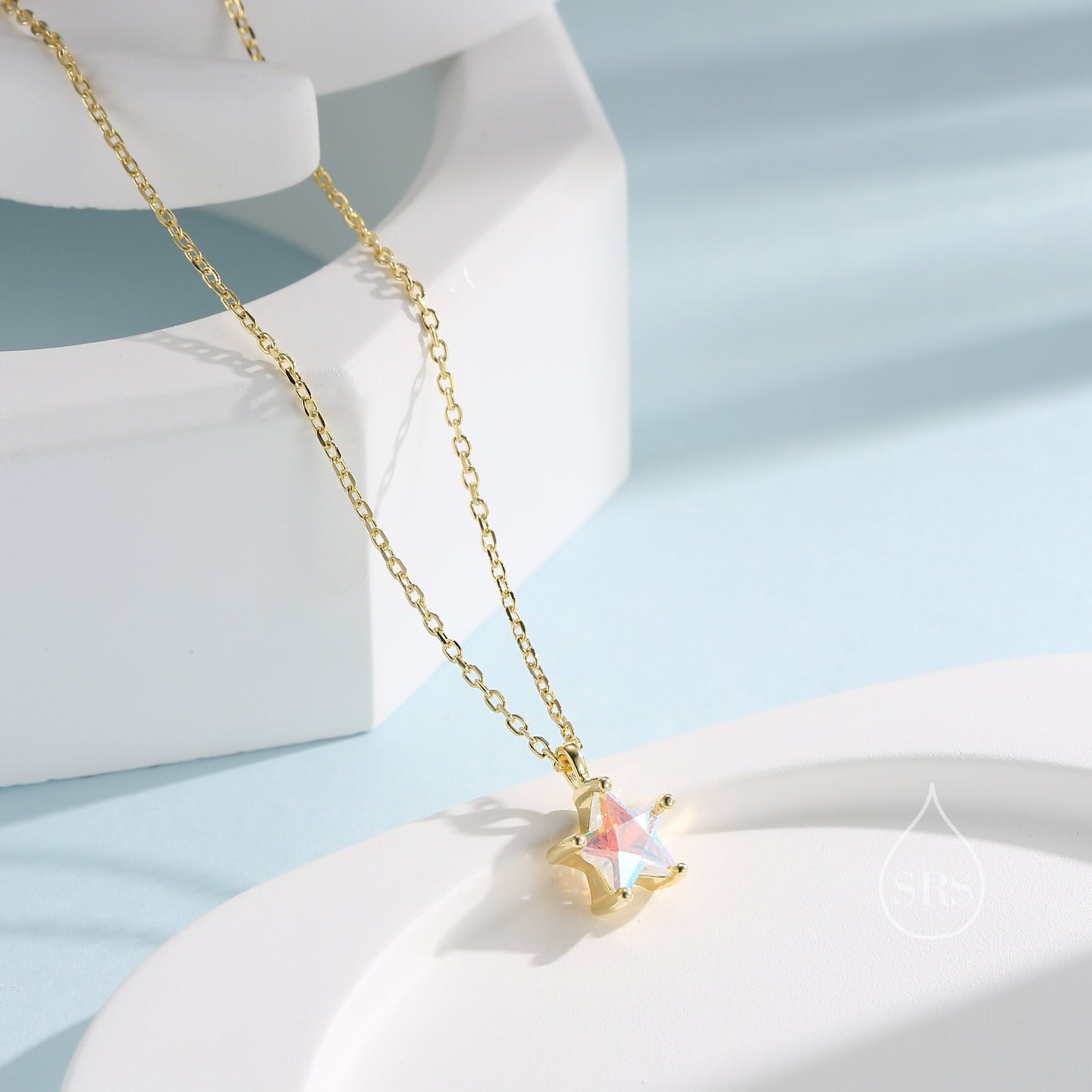 Sterling Silver Aurora AB CZ Star Pendant Necklace, Silver or Gold, Star Shape CZ Necklace, Colour Changing Star Necklace