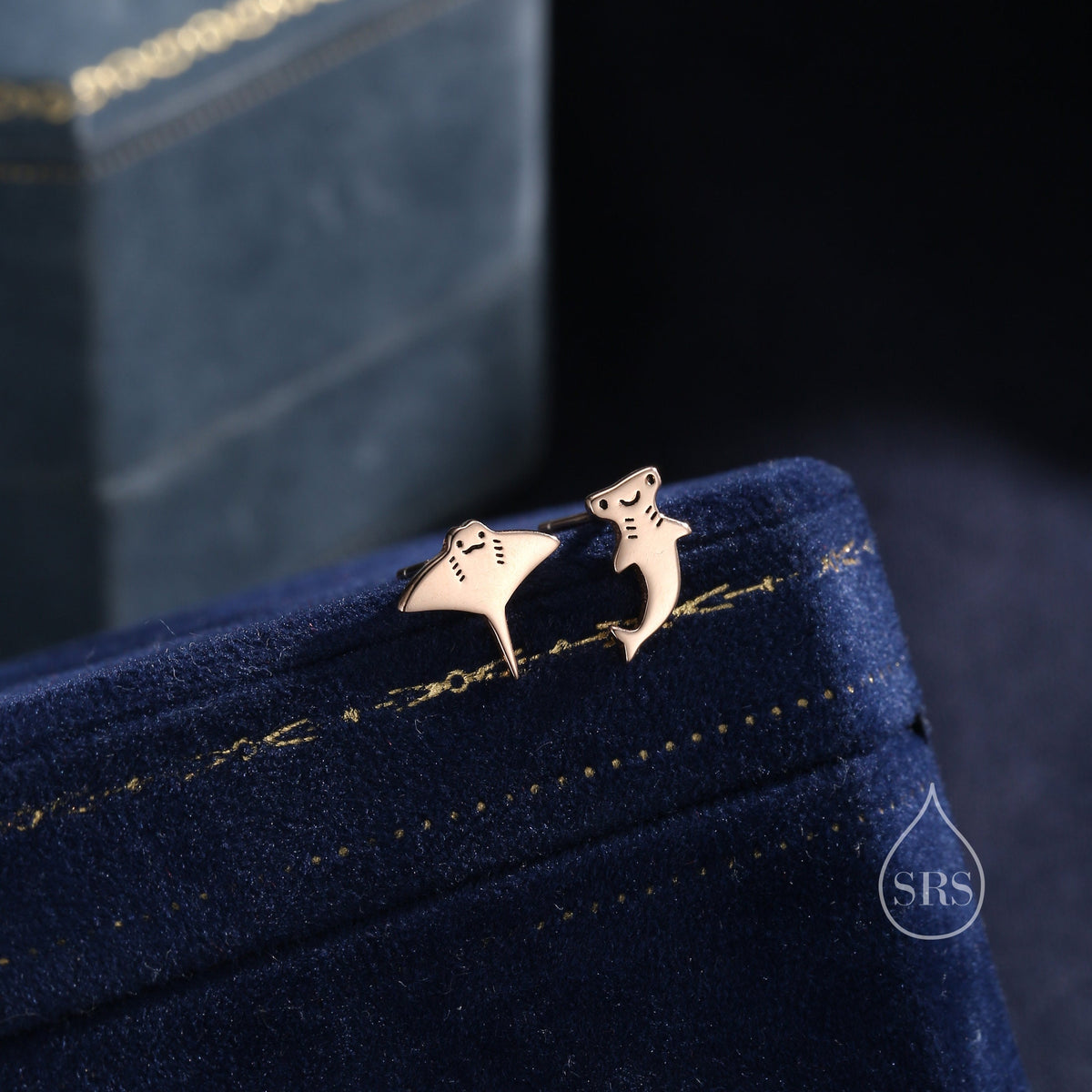 Mismatched Kawaii Hammerhead Shark and Manta Ray Stud Earrings in Sterling Silver, Silver or Gold or Rose Gold, Asymmetric Fish Earrings, Bundle Available