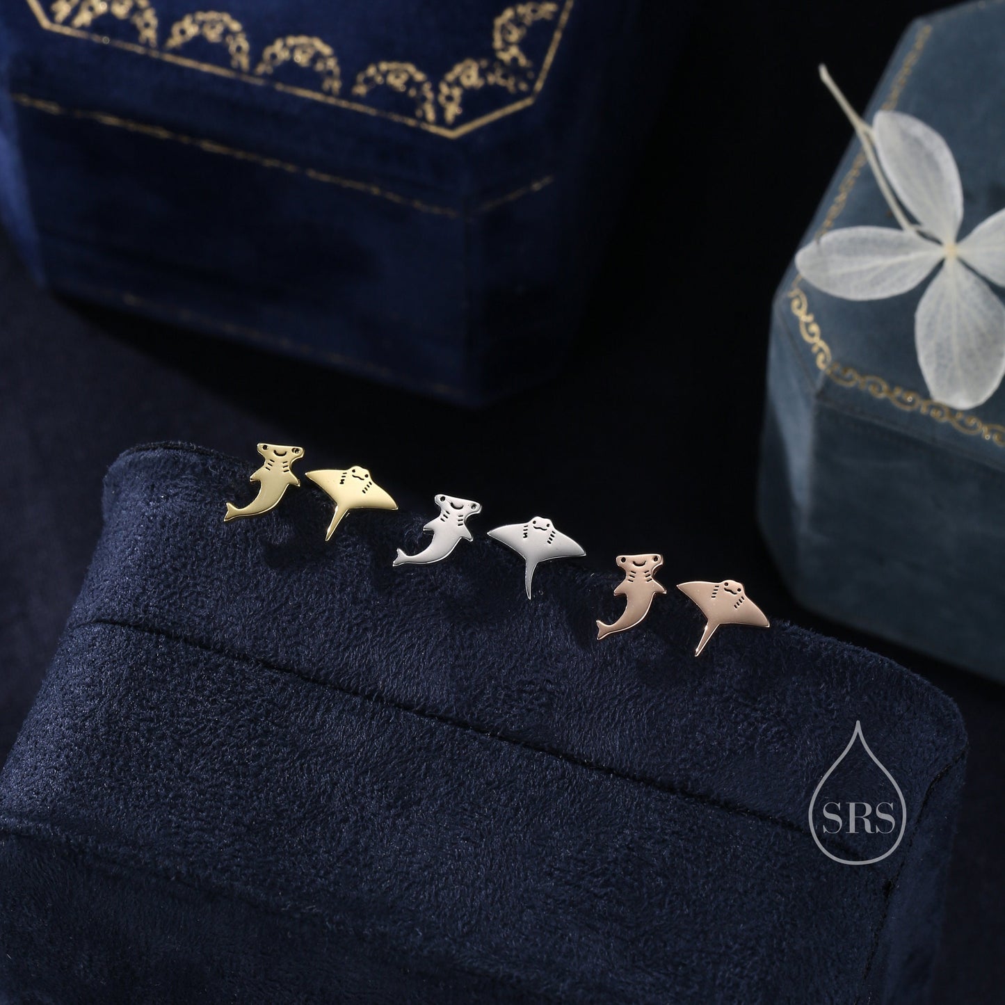 Screw Back Mismatched Kawaii Hammerhead Shark and Manta Ray Stud Earrings in Sterling Silver, Silver or Gold or Rose Gold,  Asymmetric