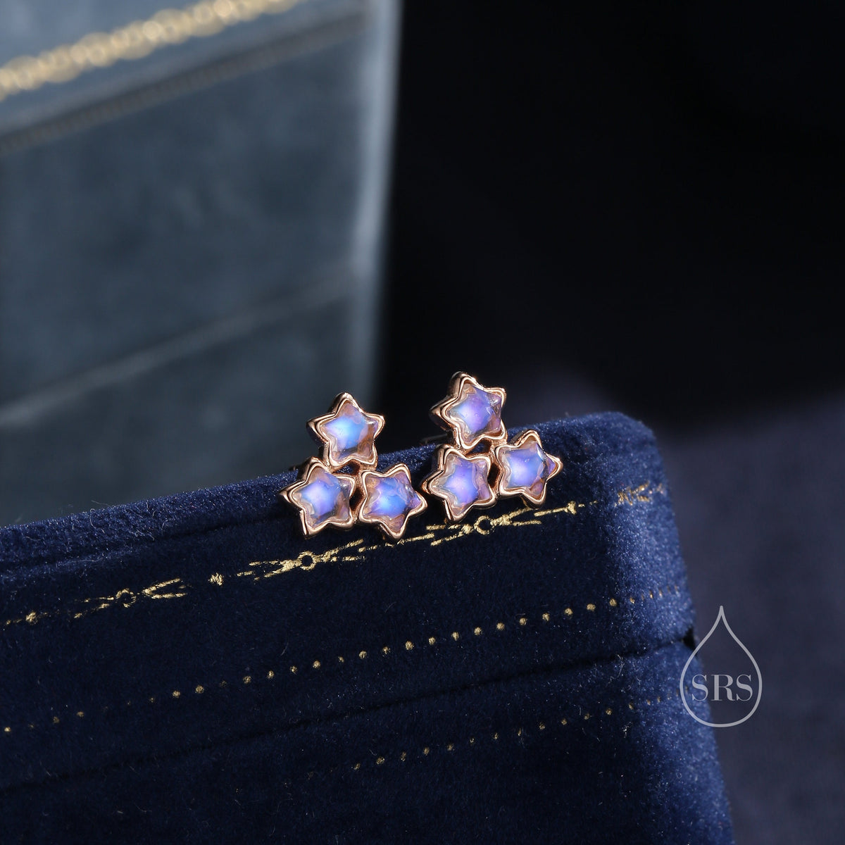 Three Moonstone Star Stud Earrings in Sterling Silver, Silver or Gold or Rose Gold, Three Moonstone Star Earrings, Triple Star Earrings