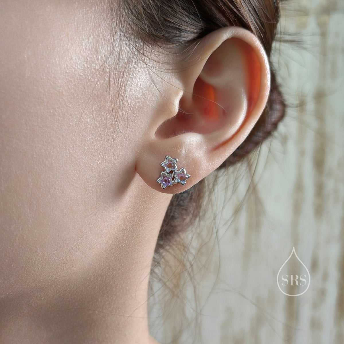 Three Moonstone Star Stud Earrings in Sterling Silver, Silver or Gold or Rose Gold, Three Moonstone Star Earrings, Triple Star Earrings