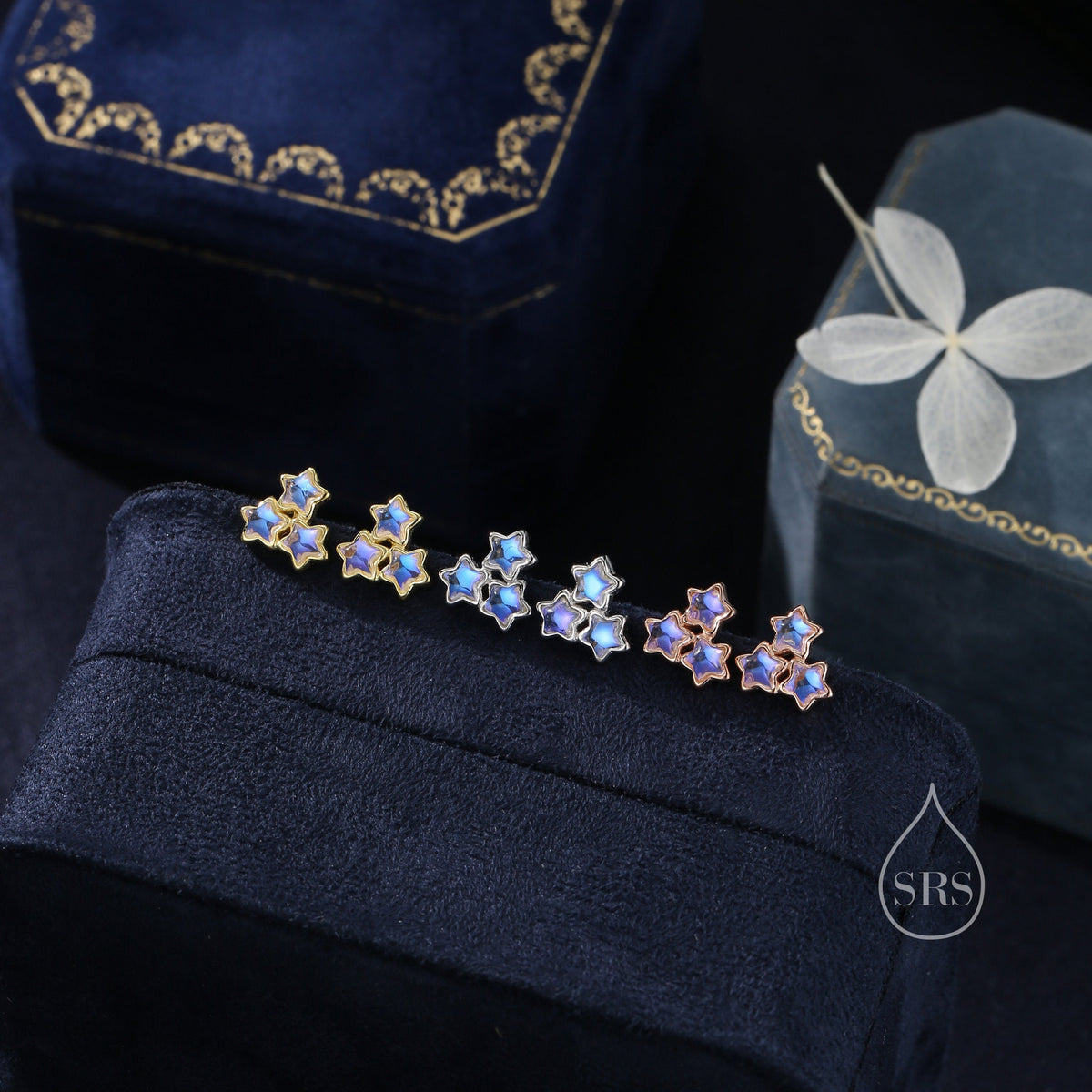Three Moonstone Star Stud Earrings in Sterling Silver, Silver or Gold or Rose Gold, Three Moonstone Star Earrings, Triple Star Earrings