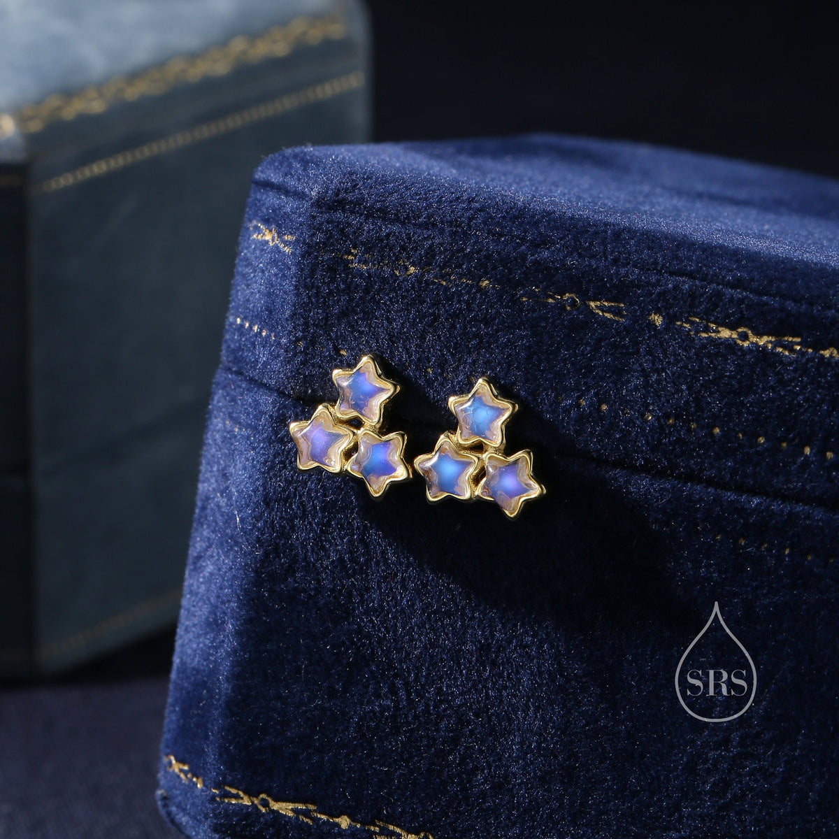 Three Moonstone Star Stud Earrings in Sterling Silver, Silver or Gold or Rose Gold, Three Moonstone Star Earrings, Triple Star Earrings
