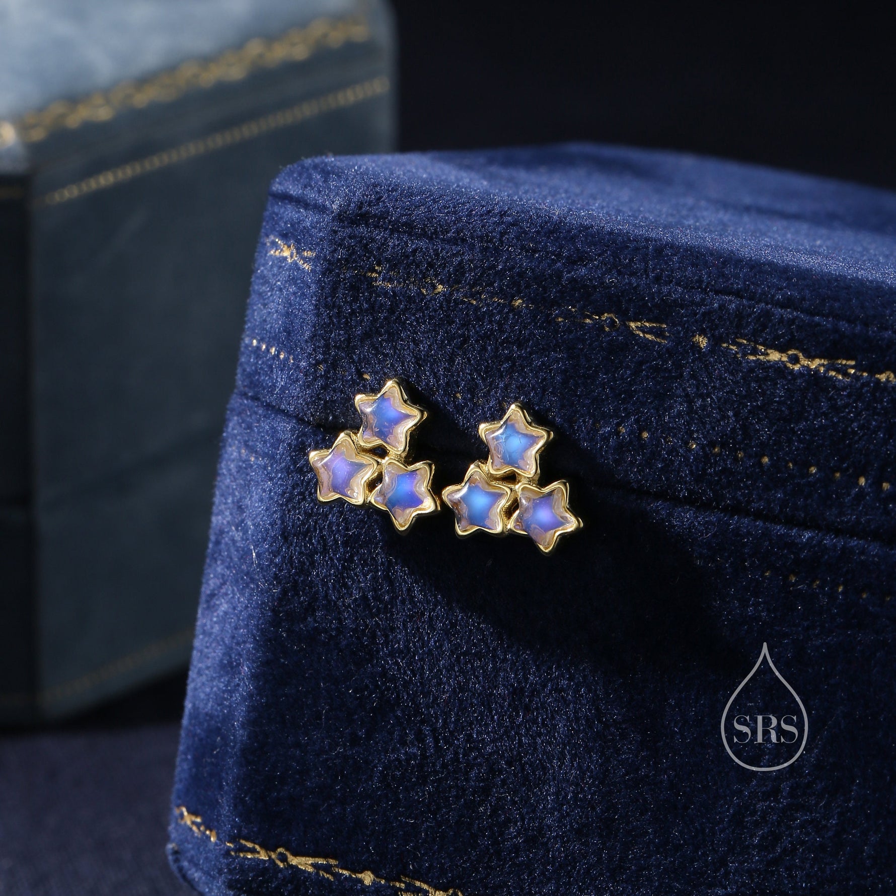 Three Moonstone Star Stud Earrings in Sterling Silver, Silver or Gold or Rose Gold, Three Moonstone Star Earrings, Triple Star Earrings