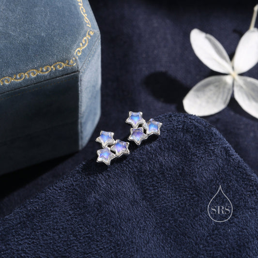 Three Moonstone Star Stud Earrings in Sterling Silver, Silver or Gold or Rose Gold, Three Moonstone Star Earrings, Triple Star Earrings