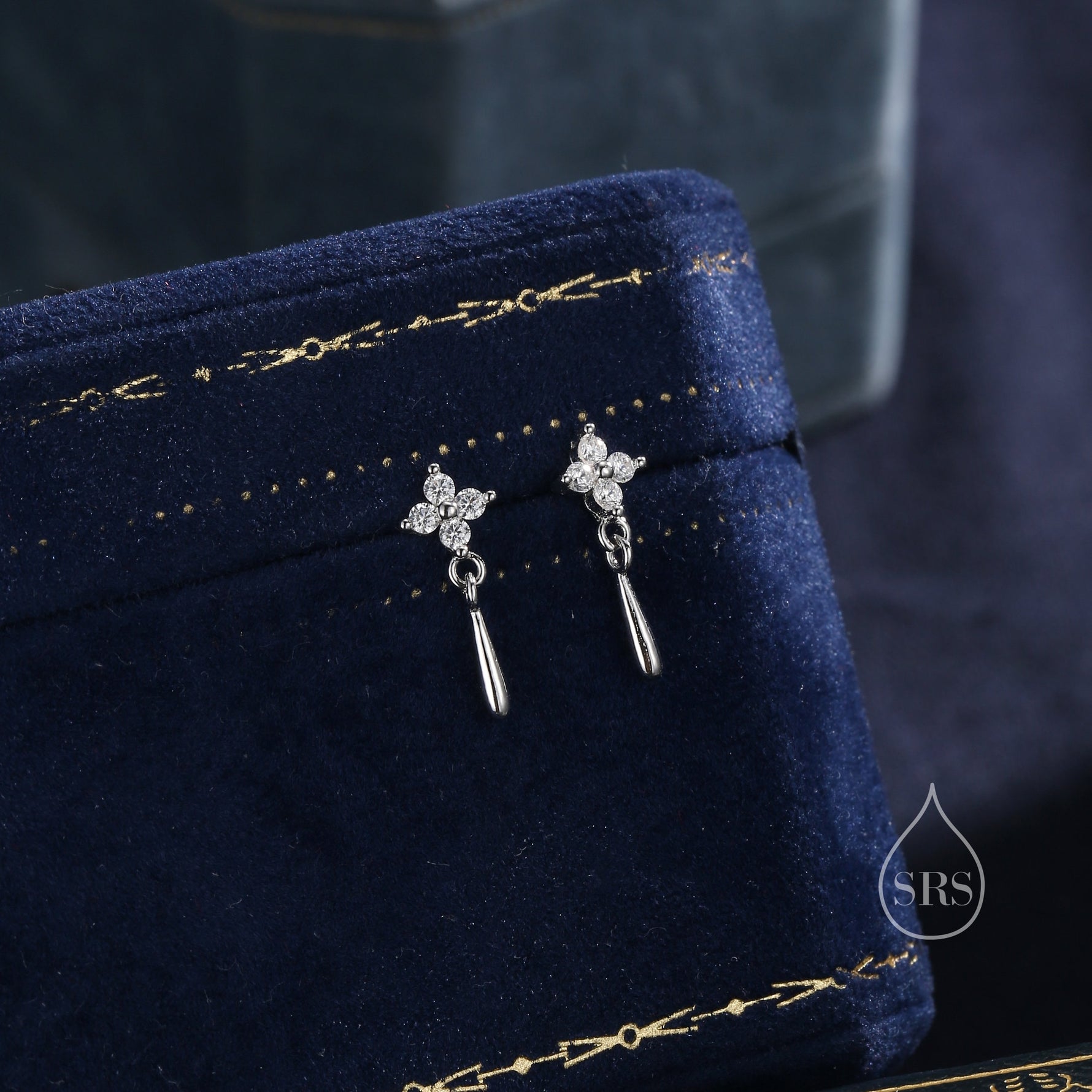 Sterling Silver Four CZ and Droplet Stud Earrings, Hydrangea CZ Earrings