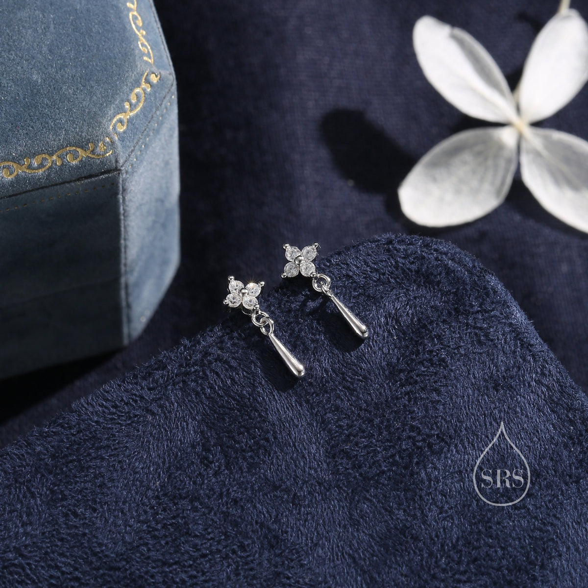 Sterling Silver Four CZ and Droplet Stud Earrings, Hydrangea CZ Earrings