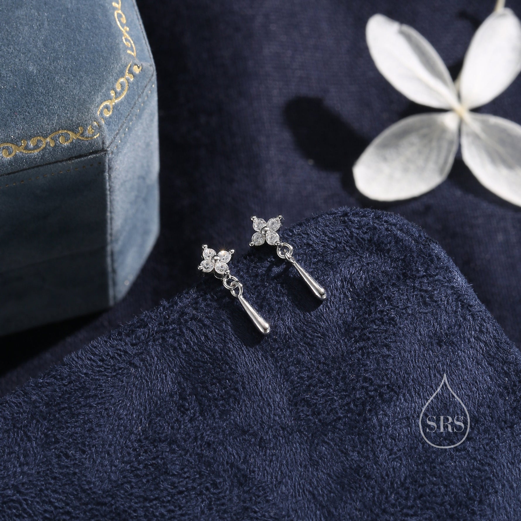 Sterling Silver Four CZ and Droplet Stud Earrings, Hydrangea CZ Earrings