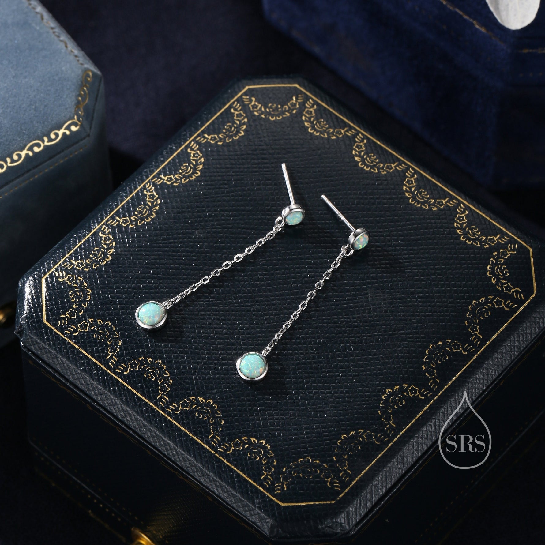 Double Aqua Green Opal Dangle Chain Earrings in Sterling Silver, Silver or Gold, Lab Opal Earrings, Two Opal Earrings, Aqua Blue Opal
